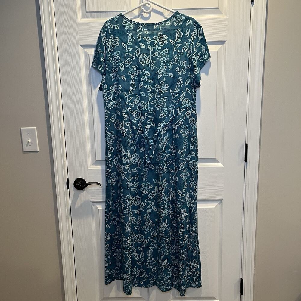 Orvis Large Tropical Floral Teal Maxi Dress Short Sleeve Tie Back Modest Prairie - Picture 2 of 10